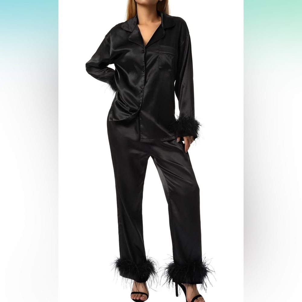 Black satin ostrich feather pj pajama set